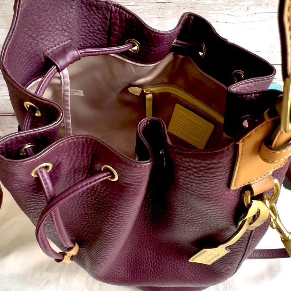COACH EGGPLANT DRAWSTRING PEBBLED LEATHER BUCKET HOBO BAG